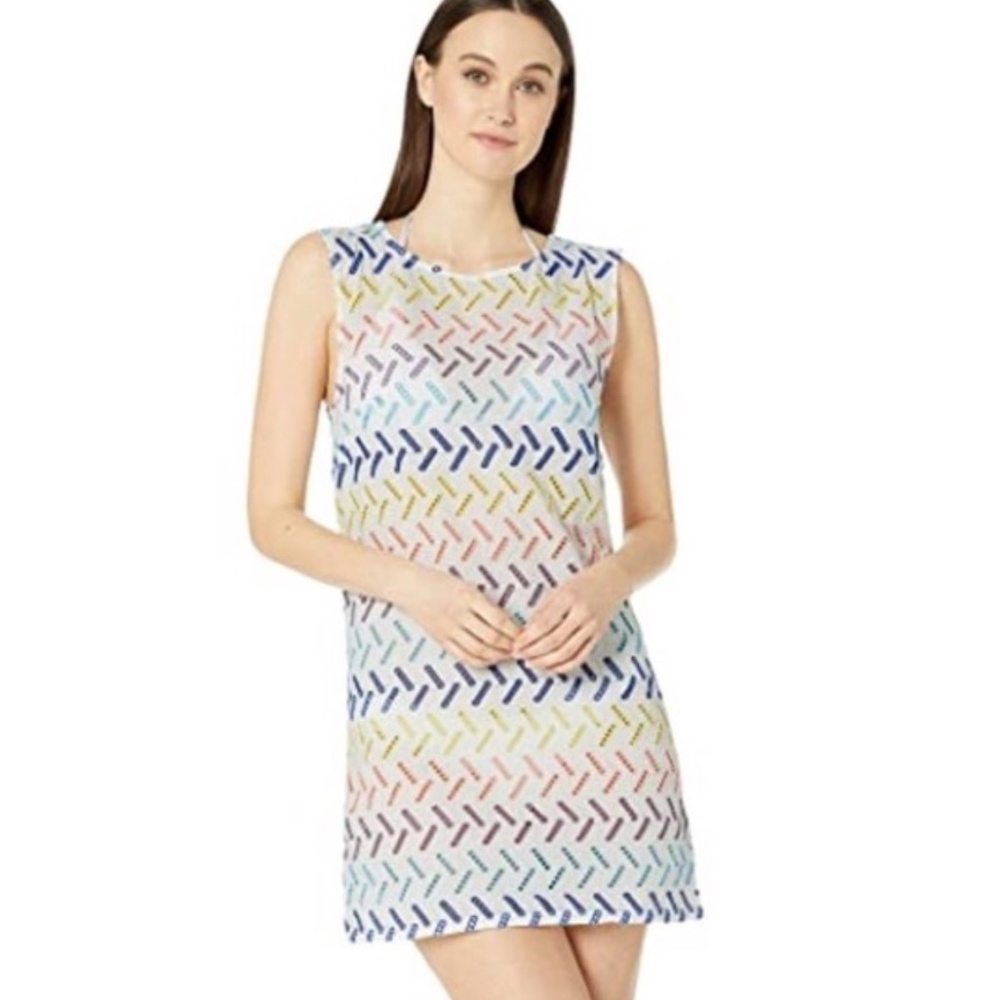 ONIA Geo Stitch Marina Mini Dress Embroidered Rainbow Eyelet Swim Cover-Up NWT